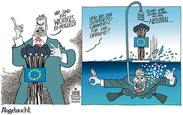 Oliver Schopf, politischer Karikaturist aus Österreich, politische Karikaturen aus Österreich, Karikatur Cartoon Illustrationen Politik Politiker Österreich 2023: REGIERUNG KOALITION NEHAMMER EU-GIPFEL UKRAINE SICHERHEITSGARANTIEN MILITÄR WAFFEN NEUTRALITÄT TAUCHSTATION ABTAUCHEN TAUCHEN 



