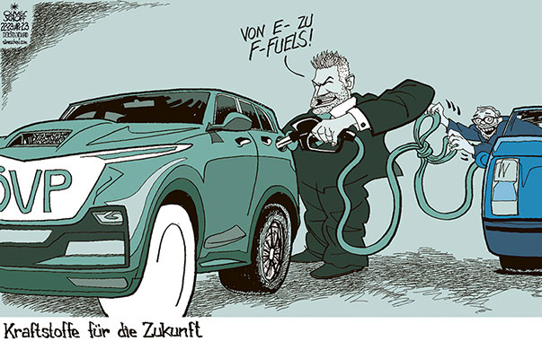 Oliver Schopf, politischer Karikaturist aus Österreich, politische Karikaturen aus Österreich, Karikatur Cartoon Illustrationen Politik Politiker Österreich 2023: ÖVP TÜRKIS NEHAMMER BUNDESKANZLER FPÖ BLAU KICKL E-FUELS AUTO SYNTHETISCHE KRAFTSTOFFE BENZIN ZAPFHAHN TANKSTELLE ANZAPFEN ABZWEIGEN
