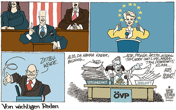 Oliver Schopf, politischer Karikaturist aus Österreich, politische Karikaturen aus Österreich, Karikatur Cartoon Illustrationen Politik Politiker Österreich 2023: ÖVP BUNDESKANZLER KARL NEHAMMER REDE ZUKUNFT NATION JOE BIDEN EUROPÄISCHE UNION URSULA VON DER LEYEN OLAF SCHOLZ ZEITENWENDE 







