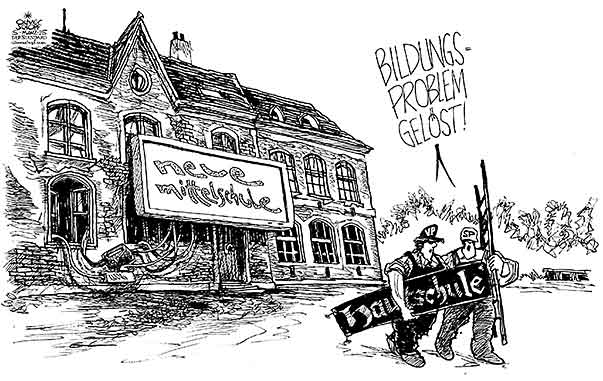 Oliver Schopf, politischer Karikaturist aus Österreich, politische Karikaturen aus Österreich, Karikatur, Illustrationen, Cartoon Politik Politiker Österreich 2015  Hauptschule soll  Neue Mittelschule werden Fassadenarbeiten Bildungsprobleme



