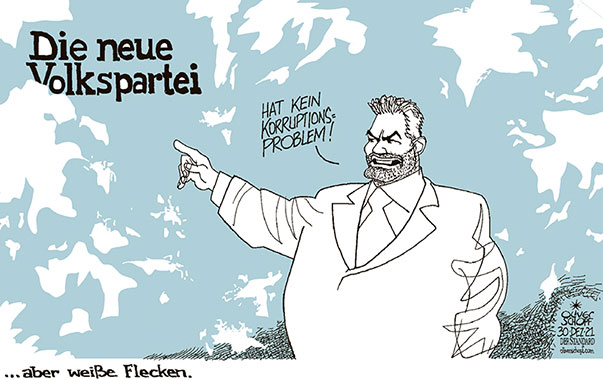 Oliver Schopf, politischer Karikaturist aus Österreich, politische Karikaturen aus Österreich, Karikatur Cartoon Illustrationen Politik Politiker Österreich 2021: ÖVP DIE NEUE VOLKSPARTEI LOGO KARL NEHAMMER TÜRKIS KEIN KORRUPTIONSPROBLEM WEISSER FLECK FLECKEN 







