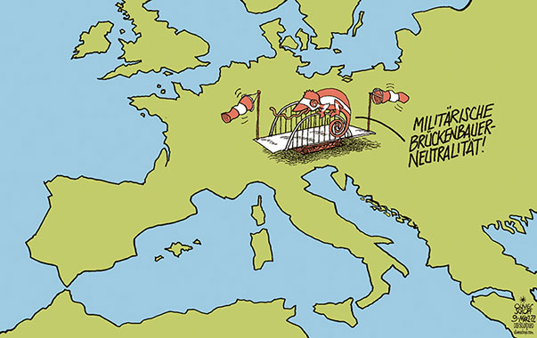 Oliver Schopf, politischer Karikaturist aus Österreich, politische Karikaturen aus Österreich, Karikatur Cartoon Illustrationen Politik Politiker Österreich 2022: Putins Ukraine-Krieg befeuert in Österreich wieder einmal die Neutralitätsdiskussion und die Sinnhaftigkeit des Bundesheers.  




