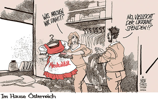 Oliver Schopf, politischer Karikaturist aus Österreich, politische Karikaturen aus Österreich, Karikatur Cartoon Illustrationen Politik Politiker Österreich 2022: NEUTRALITÄT DISKUSSION UKRAINE KRIEG SPENDE KLEID KLEIDERKASTEN AUSMISTEN DIRNDL ROT WEISS ROT HAUS 




