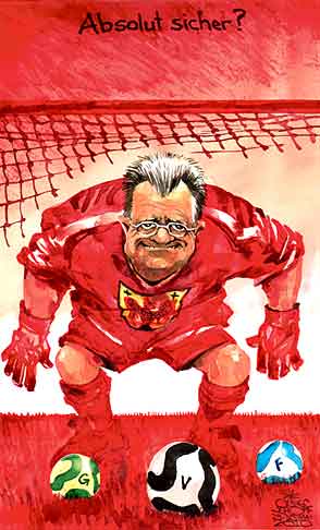 Oliver Schopf, politischer Karikaturist aus Österreich, politische Karikaturen aus Österreich, Karikatur, Illustrationen Politik Politiker Österreich 2010: burgenland landtagswahl hans niessl fussball tormann