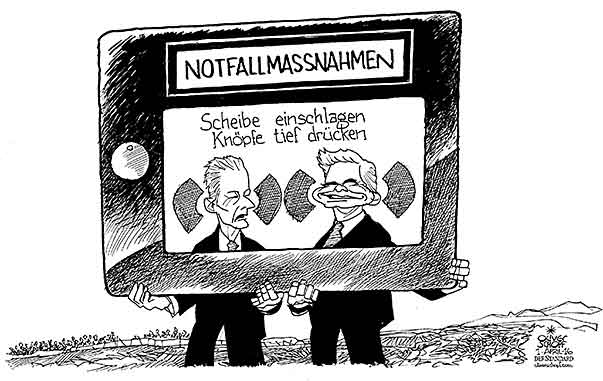 Oliver Schopf, politischer Karikaturist aus Österreich, politische Karikaturen aus Österreich, Karikatur, Illustrationen Politik Politiker Österreich  2015  FLÜCHTLINGE KRISE MIGRANTEN ASYL NOTFALLMASSNAHMEN GRENZE BALKANROUTE FAYMANN MITTERLEHNER REGIERUNG NOTFALL KNOPF ALARM 
