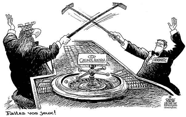Oliver Schopf, politischer Karikaturist aus Österreich, politische Karikaturen aus Österreich, Karikatur Cartoon Illustrationen Politik Politiker Österreich 2015 CASINOS AUSTRIA NOVOMATIC ROULETTE CROUPIER BUNDESADLER ANTEILE BETEILIGUNG
FAITES VOS JEUX



