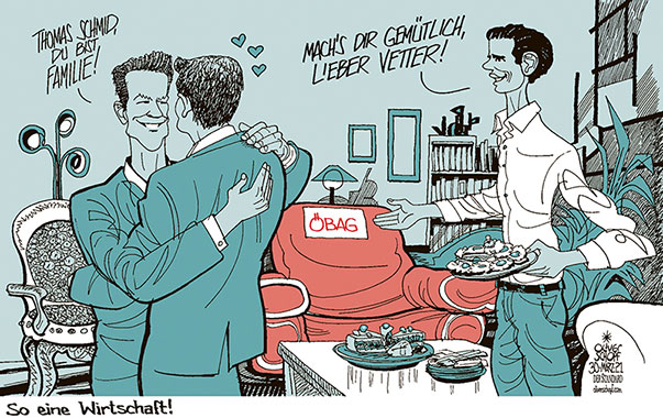 Oliver Schopf, politischer Karikaturist aus Österreich, politische Karikaturen aus Österreich, Karikatur Cartoon Illustrationen Politik Politiker Österreich 2021: ÖBAG THOMAS SCHMID SEBASTIAN KURZ GERNOT BLÜMEL BESTELLUNG SESSEL WOHNZIMMER VETTER VETTERNWIRTSCHAFT KRIEGST EH ALLES WAS DU WILLST DU BIST FAMILIE KORRUPTION POSTEN POSTENSCHACHER
