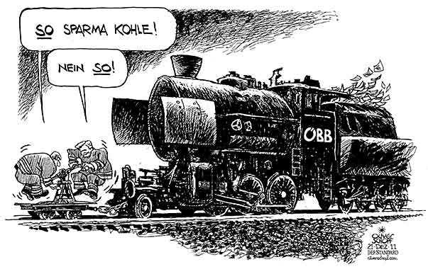  Oliver Schopf, politischer Karikaturist aus Österreich, politische Karikaturen, Illustrationen Archiv politische Karikatur Österreich: ÖBB 2011 
  OEBB FAYMANN SPINDLEGGER SPAREN DAMPFLOK LOKOMOTIVE DRAISINE 

