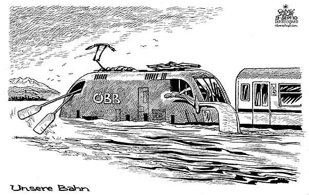 Oliver Schopf, politischer Karikaturist aus Österreich, politische Karikaturen aus Österreich, Karikatur, Illustrationen Politik Politiker Österreich 2010: oebb zug wasser flut rudern schwimmen
