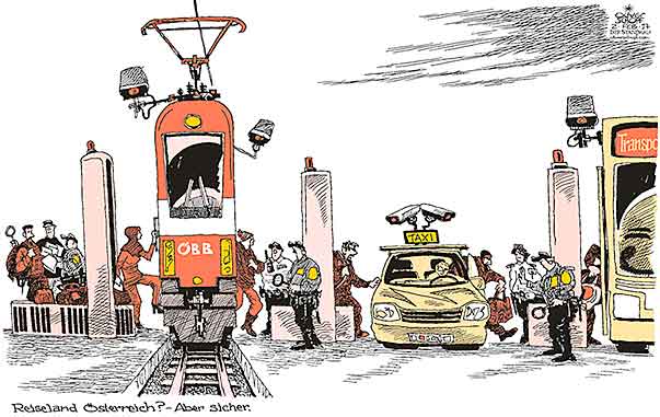 Oliver Schopf, politischer Karikaturist aus Österreich, politische Karikaturen aus Österreich, Karikatur Cartoon Illustrationen Politik Politiker Österreich 2017 : SICHERHEIT ÜBERWACHUNG VIDEOKAMERA DOSKOZIL SOBOTKA TERROR ÖBB TAXI TRANSPORTUNTERNEHMEN VISUM AUSWEIS KONTROLLEN POLIZEI  







