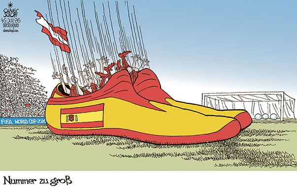 Oliver Schopf, politischer Karikaturist aus Österreich, politische Karikaturen aus Österreich, Karikatur Cartoon Illustrationen Politik Politiker Österreich Cartoon Movement, @oliverschopf.bsky.social 2026: FIFA FUSSBALL WM USA MEXIKO KANADA SECHZEHNTELFINALE SPANIEN GEGEN AUSTRIA 3-0 AUSGESCHIEDEN FUSSBALLSCHUHE NUMMER ZU GROSS FAHNE














































