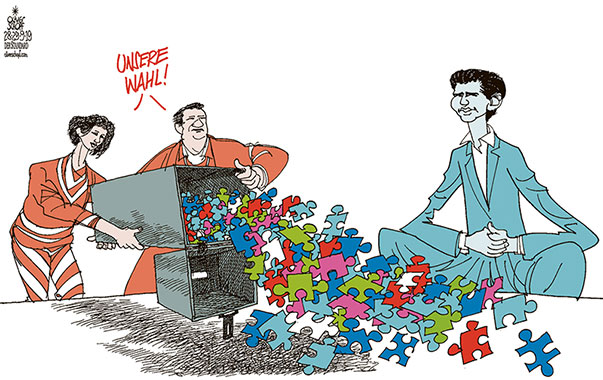 Oliver Schopf, politischer Karikaturist aus Österreich, politische Karikaturen aus Österreich, Karikatur Cartoon Illustrationen Politik Politiker Österreich 2019 : NATIONALRATSWAHL WAHLSONNTAG WÄHLERIN WÄHLER WAHLURNE STIMMEN PUZZLE SEBASTIAN KURZ ÖVP
