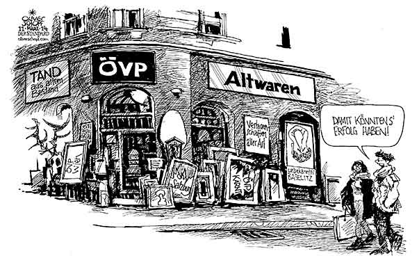  Oliver Schopf, politischer Karikaturist aus Österreich, politische Karikaturen, Illustrationen Archiv politische Karikatur Österreich: Parteien ÖVP 2014 OEVP ALTWAREN HAENDLER TAND TANDLER ANTIQUITAETEN SPINDLEGGER VERLUSTE