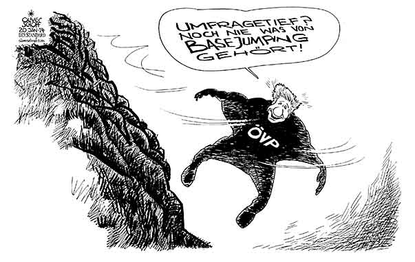 Oliver Schopf politische Karikatur: Österreich 2014 - ÖVP Basejumping Oliver Schopf, politischer Karikaturist aus Österreich, politische Karikaturen aus Österreich, Karikatur Cartoon Illustrationen Politik Politiker Österreich 2014: ÖVP SPINDELEGGER OBMANN DEBATTE UMFRAGETIEF BASEJUMPING SPRINGEN TIEFE FLIEGEN