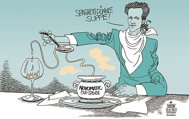  Oliver Schopf, politischer Karikaturist aus Österreich, politische Karikaturen, Illustrationen Archiv politische Karikatur Österreich 2021 ÖVP NOVOMATIC PARTEISPENDE GERNOT BLÜMEL FINANZMINISTER DÜNNE SUPPE SPAGHETTI LÖFFEL AUSLÖFFELN SUPPENTOPF TÜRKIS BESCHULDIGTER WKSTA KORRUPTION 
    