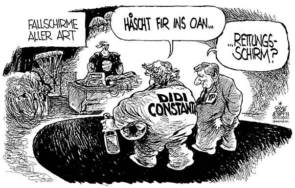 Oliver Schopf, politischer Karikaturist aus Österreich, politische Karikaturen aus Österreich, Karikatur, Illustrationen Politik Politiker Österreich 2011 spindelegger constantini oevp fussball rettungsschirm fallschirm abgrund stiegl bier









 








 
  