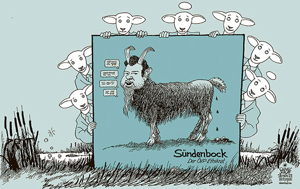 Oliver Schopf, politischer Karikaturist aus Österreich, politische Karikaturen aus Österreich, Karikatur Cartoon Illustrationen Politik Politiker Österreich 2022: ÖVP ETHIKRAT EMPFEHLUNG THOMAS SCHMID CHATS SÜNDENBOCK UNSCHULDSVERMUTUNG UNSCHULDSLÄMMER SUMPF TÜRKIS 


