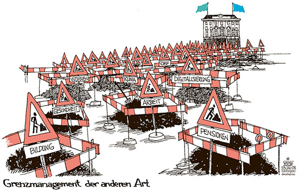 Oliver Schopf, politischer Karikaturist aus Österreich, politische Karikaturen aus Österreich, Karikatur Cartoon Illustrationen Politik Politiker Österreich 2018 : REGIERUNG KOALITION ÖVP FPÖ TÜRKIS BLAU MIGRATION FLÜCHTLINGE ASYL GRENZSCHUTZ GRENZMANAGEMENT BAUSTELLEN BALLHAUSPLATZ

