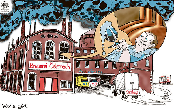 Oliver Schopf, politischer Karikaturist aus Österreich, politische Karikaturen aus Österreich, Karikatur Cartoon Illustrationen Politik Politiker Österreich 2023: ÖVP FPÖ SCHWARZ BLAU NIEDERÖSTERREICH OBERÖSTERREICH SALZBURG BRAUEREI SUDKESSEL WÜRZEPFANNE BRAUKESSEL BIER BIERGLAS GEBRÄU ZUSAMMENBRAUEN GÄREN GÄRUNG AUSLIEFERUNG LKW 

