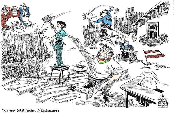 Oliver Schopf, politischer Karikaturist aus Österreich, politische Karikaturen aus Österreich, Karikatur Cartoon Illustrationen Politik Politiker Österreich 2017 : REGIERUNG KOALITION KURZ STRACHE ÖVP FPÖ NEUER STIL NACHBAR DEUTSCHLAND MERKEL SEEHOFER SCHULZ VIKTOR ORBÁN ZAUN BURSCHENSCHAFTER
