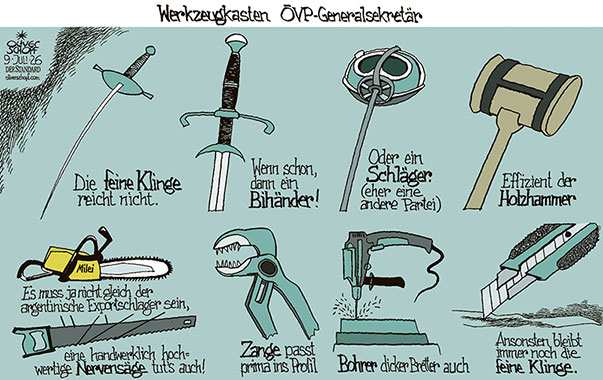 Oliver Schopf, politischer Karikaturist aus Österreich, politische Karikaturen aus Österreich, Karikatur Cartoon Illustrationen Politik Politiker Österreich Cartoon Movement, @oliverschopf.bsky.social 2026: ÖVP GENERALSEKRETÄR NICO MARCHETTI RÜCKTRITT FEINE KLINGE BIHÄNDER WERKZEUGKASTEN SCHLÄGER HOLZHAMMER KETTENSÄGE NERVENSÄGE ZANGE BOHRER STANLEYMESSER JOB PROFIL NACHFOLGER MARKUS GSTÖTTNER














































