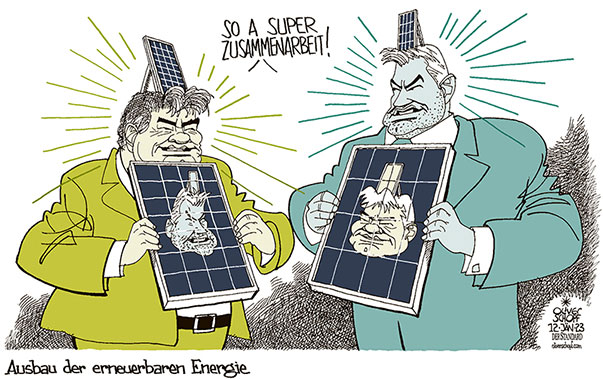 Oliver Schopf, politischer Karikaturist aus Österreich, politische Karikaturen aus Österreich, Karikatur Cartoon Illustrationen Politik Politiker Österreich 2023: REGIERUNG KOALITION NEHAMMER KOGLER TÜRKIS GRÜN REGIERUNGSKLAUSUR MAUERBACH ERNEUERBARE ENERGIE PHOTOVOLTAIK ZUSAMMENARBEIT
PRESSEKONFERENZ







