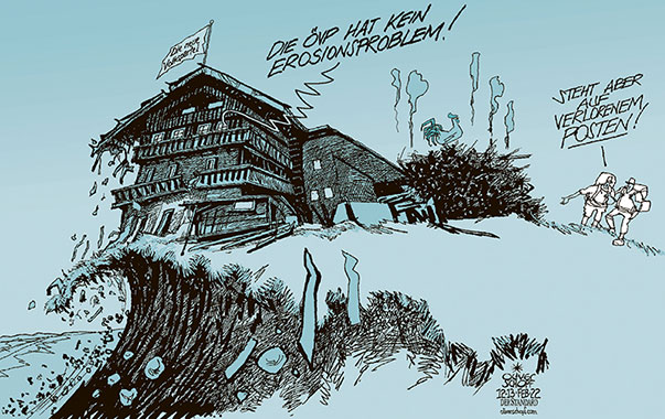 Oliver Schopf, politischer Karikaturist aus Österreich, politische Karikaturen aus Österreich, Karikatur Cartoon Illustrationen Politik Politiker Österreich 2022: ÖVP DIE NEUE VOLKSPARTEI KORRUPTION POSTENSCHACHER  INNENMINISTERIUM CHATS BAUERNHOF ABGRUND EROSION AUF VERLORENEM POSTEN PROBLEM




