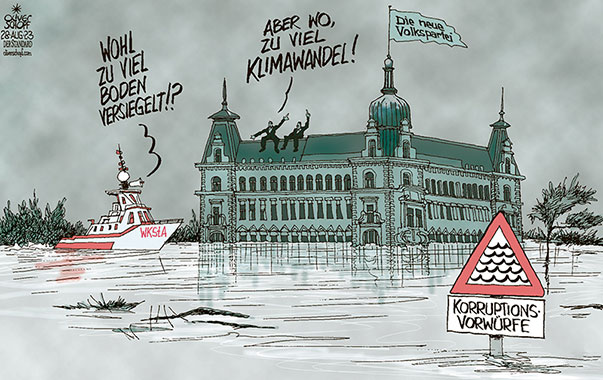 Oliver Schopf, politischer Karikaturist aus Österreich, politische Karikaturen aus Österreich, Karikatur Cartoon Illustrationen Politik Politiker Österreich 2023: ÖVP ZENTRALE WIEN LICHTENFELSGASSE DIE NEUE VOLKSPARTEI KORRUPTION VORWÜRFE ERMITTLUNGEN WKStA HOCHWASSER BODENVERSIEGELUNG KLIMAWANDEL UNWETTER 

