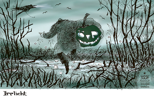 Oliver Schopf, politischer Karikaturist aus Österreich, politische Karikaturen aus Österreich, Karikatur Cartoon Illustrationen Politik Politiker Österreich 2022: HALLOWEEN KÜRBIS IRRLICH SUMPF MOOR ÖVP NEUE VOLKSPARTEI KORRUPTION TÜRKIS 




