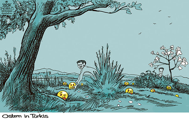 Oliver Schopf, politischer Karikaturist aus Österreich, politische Karikaturen aus Österreich, Karikatur Cartoon Illustrationen Politik Politiker Österreich 2021: ÖVP TÜRKIS SEBASTIAN KURZ GERNOT BLÜMEL CHAT EMOJI ÖBAG THOMAS SCHMID POSTENSCHACHER KORRUPTION VETTERNWIRTSCHAFT OSTERN EI EIERSUCHE FRÜHLING WIESE

