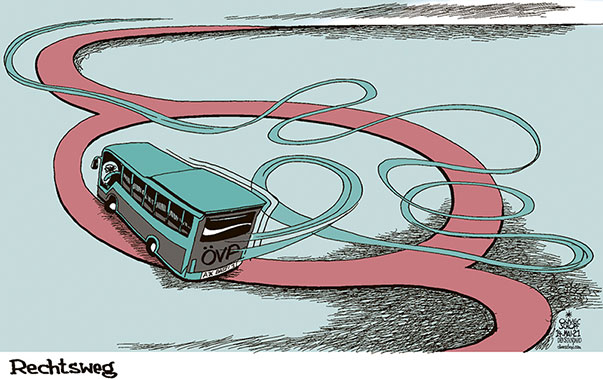 Oliver Schopf, politischer Karikaturist aus Österreich, politische Karikaturen aus Österreich, Karikatur Cartoon Illustrationen Politik Politiker Österreich 2021: ÖVP SEBASTIAN KURZ WKStA ERMITTLUNGEN ANKLAGE IBIZA U-AUSSCHUSS CHATS FALSCHAUSSAGE BUS PARAGRAF RECHTSSTAAT JUSTIZ GESETZ SCHLEUDERN SCHLEUDERKURS RECHTSWEG
