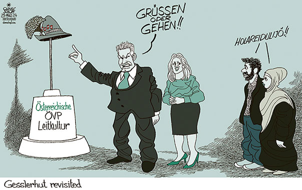 Oliver Schopf, politischer Karikaturist aus Österreich, politische Karikaturen aus Österreich, Karikatur Cartoon Illustrationen Politik Politiker Österreich 2024: ÖVP KARL NEHAMMER BUNDESKANZLER SUSANNE RAAB INTEGRATIONSMINISTERIN LEITKULTUR MIGRATION MIGRANTEN MUSLIME GESSLER HUT HOLAREIDULIJÖ 




















