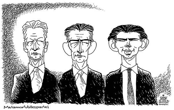 Oliver Schopf, politischer Karikaturist aus Österreich, politische Karikaturen aus Österreich, Karikatur Cartoon Illustrationen Politik Politiker Österreich 2016 : ÖVP REINHOLD MITTERLEHNER SEBASTIAN KURZ OBMANN DEBATTE METAMORPHOSE VERÄNDERUNG KOPF



