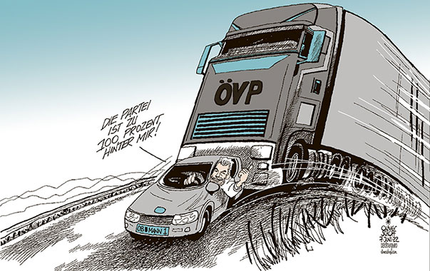 Oliver Schopf, politischer Karikaturist aus Österreich, politische Karikaturen aus Österreich, Karikatur Cartoon Illustrationen Politik Politiker Österreich 2022: ÖVP DIE VOLKSPARTEI KARL NEHAMMER 100 PROZENT FÜHRUNG LKW AUTO KFZ DRUCK MACHEN 



