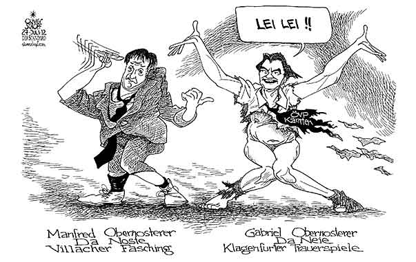 Oliver Schopf, politischer Karikaturist aus Österreich, politische Karikaturen aus Österreich, Karikatur, Illustrationen Politik Politiker Österreich 2012 KAERNTEN OEVP LANDESPARTEIOBMANN MARTINZ OBERNOSTERER GABRIEL OBERNOSTERER MANFRED DA NOSTE VILLACHER FASCHING