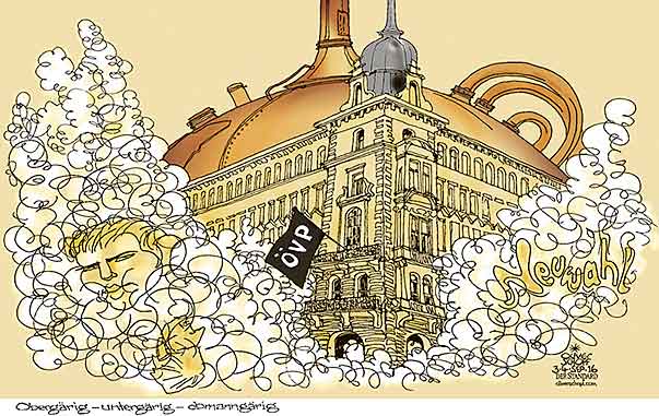 Oliver Schopf, politischer Karikaturist aus Österreich, politische Karikaturen aus Österreich, Karikatur Cartoon Illustrationen Politik Politiker Österreich 2016 : ÖVP OBMANN DEBATTE REINHOLD MITTERLEHNER SEBASTIAN KURZ BUNDESPARTEILEITUNG LICHTENFELSGASSE NEUWAHL BIER BIERKESSEL HEFE GÄRUNG OBERGÄRIG UNTERGÄRIG BRAUEN 



