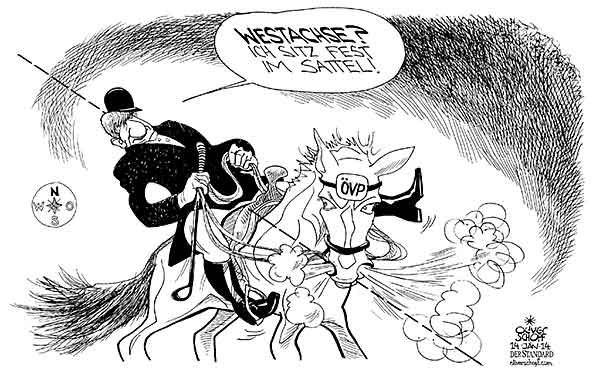 Oliver Schopf politische Karikatur: Österreich ÖVP - Spindelegger und die Westachse Oliver Schopf, politischer Karikaturist aus Österreich, politische Karikaturen aus Österreich, Karikatur Cartoon Illustrationen Politik Politiker Österreich 2014: ÖVP OBMANN DEBATTE SPINDELEGGER MICHAEL WESTACHSE BUNDESLAENDER VORARLBERG TIROL SALZBURG REITEN JOCKEY PFERD SATTEL WINDROSE