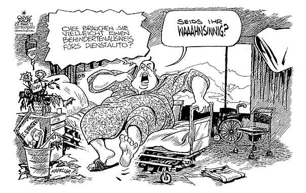 Oliver Schopf, politischer Karikaturist aus Österreich, politische Karikaturen aus Österreich, Karikatur, Illustrationen Politik Politiker Österreich 2011: oevp josef proell innsbrucker klinik spitalzimmer strasser kapeller behindertenausweis