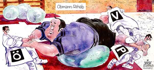 Oliver Schopf, politischer Karikaturist aus Österreich, politische Karikaturen aus Österreich, Karikatur, Illustrationen Politik Politiker Österreich 2011 oevp proell krise oevp proell rehab rehabilitation obmann debatte rehabilitation therapie 


