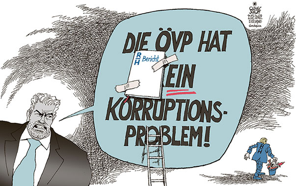 Oliver Schopf, politischer Karikaturist aus Österreich, politische Karikaturen aus Österreich, Karikatur Cartoon Illustrationen Politik Politiker Österreich 2022: DIE VOLKSPARTEI NEHAMMER RECHNUNGSHOF BERICHT PRÜFUNG KORRUPTION ZITAT DIE ÖVP HAT KEIN KORRUPTIONSPROBLEM ÜBERKLEBEN SPRECHBLASE



