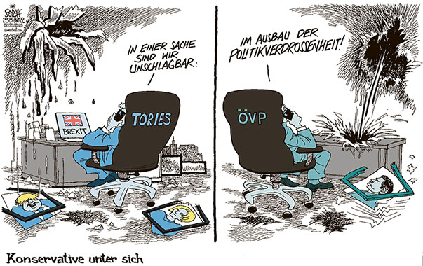 Oliver Schopf, politischer Karikaturist aus Österreich, politische Karikaturen aus Österreich, Karikatur Cartoon Illustrationen Politik Politiker Österreich 2022: ÖVP KONSERVATIVE TORIES PARTEI  GROSSBRITANNIEN KORRUPTION SEBASTIAN KURZ BORIS JOHNSON LIZ TRUSS BREXIT POLITIKVERDROSSENHEIT 




