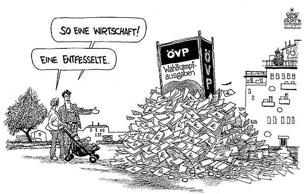  Oliver Schopf, politischer Karikaturist aus Österreich, politische Karikaturen, Illustrationen Archiv politische Karikatur Österreich: Parteien ÖVP 2014 OEVP WAHLKAMPF 2013 KOSTEN AUSGABEN PARTEIFINANZIERUNG WIRTSCHAFT ENTFESSELN
