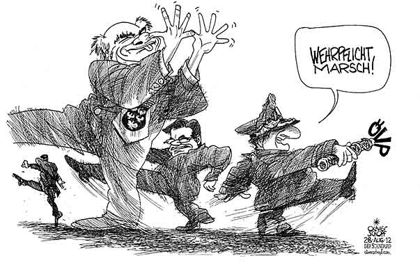 Oliver Schopf, politischer Karikaturist aus Österreich, politische Karikaturen aus Österreich, Karikatur, Illustrationen Politik Politiker Österreich 2012 OEVP SPINDELEGGER WEHRPFLICHT BUNDESHEER PROELL ERWIN PLATTER GUENTHER VOLKSABSTIMMUNG
