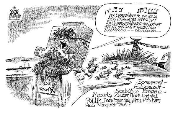 Oliver Schopf, politischer Karikaturist aus Österreich, politische Karikaturen aus Österreich, Karikatur, Illustrationen Politik Politiker Österreich  2013 BREGENZ FESTSPIELE SEE BUEHNE MOZART ZAUBERFLOETE PAPAGENO WAHL URNE STIMMENFANG PLAKAT  

 





