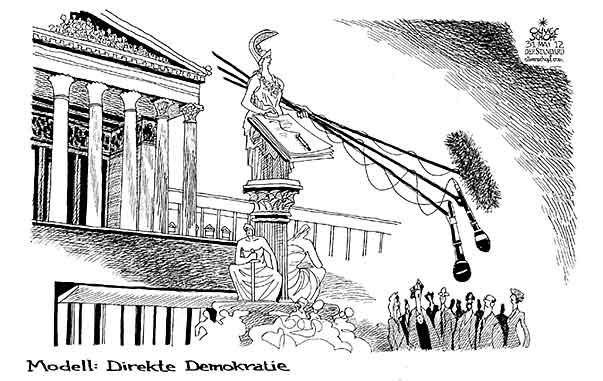 Oliver Schopf, politischer Karikaturist aus Österreich, politische Karikaturen aus Österreich, Karikatur, Illustrationen Politik Politiker Österreich 2012 WIEN PARLAMENT PALLAS ATHENE BRUNNEN DIREKTE DEMOKRATIE VOLKSBEGEHREN VOLKSBEFRAGUNG VOLKSABSTIMMUNG INTERVIEW UNTERSCHREIBEN MIKROFON