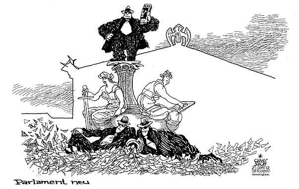 Oliver Schopf, politischer Karikaturist aus Österreich, politische Karikaturen aus Österreich, Karikatur, Illustrationen Politik Politiker Österreich 2012 U-AUSSCHUSS PARLAMENT WIEN KORRUPTION BRUNNEN PALLAS ATHENE FLUESSE GELDFLUESSE