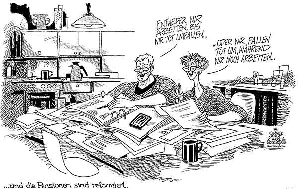 Oliver Schopf, politischer Karikaturist aus Österreich, politische Karikaturen aus Österreich, Karikatur, Illustrationen Politik Politiker Österreich  2015  PENSIONEN PENSIONSREFORM ARBEITEN PENSIONSALTER ANHEBUNG UNTERLAGEN ORDNER BERECHNEN PENSIONSKONTO
