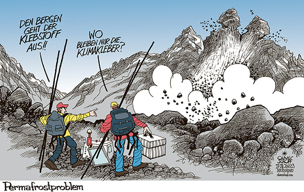 Oliver Schopf, politischer Karikaturist aus Österreich, politische Karikaturen aus Österreich, Karikatur Cartoon Illustrationen Politik Politiker Österreich 2023: KLIMA KIMAERWÄRMUNG PERMAFROST ALPEN GEBIRGE BERGSTURZ FELSSTURZ FLUCHTHORN KLEBSTOFF KLIMAAKTIVISTEN KLEBEN KLEBER KLIMAKLEBER 
