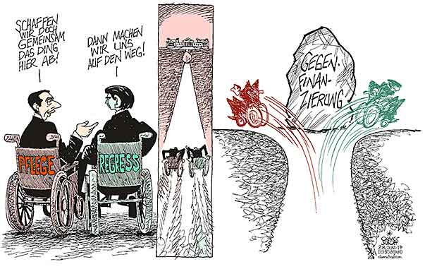 Oliver Schopf, politischer Karikaturist aus Österreich, politische Karikaturen aus Österreich, Karikatur Cartoon Illustrationen Politik Politiker Österreich 2017  REGIERUNG SPÖ ÖVP KERN KURZ PFLEGEREGRESS FINANZIERUNG GEGENFINANZIERUNG ROLLSTUHL PARLAMENT WEG HINDERNISS DISSENS


 