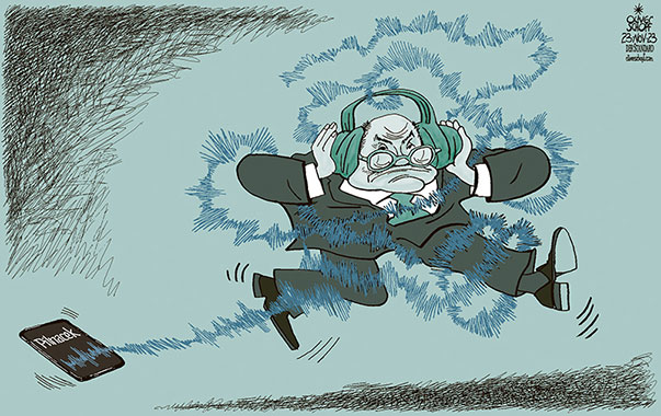 Oliver Schopf, politischer Karikaturist aus Österreich, politische Karikaturen aus Österreich, Karikatur Cartoon Illustrationen Politik Politiker Österreich 2023: ÖVP CHRISTIAN PILNACEK AUDIO MITSCHNITT SPRACHMEMOS TAPE TONBAND WOLFGANG SOBOTKA INTERVENTION INTERVENIEREN ERMITTLUNGEN HAUSDURCHSUCHUNGEN
 